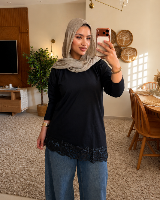 Lace Trim Cotton T-Shirt - BLACK