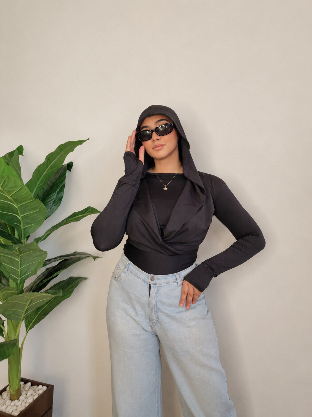 Draped Hooded Top – black