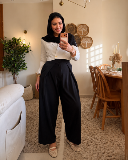 Draped Wide-Leg Pants - BLACK
