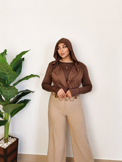 Draped Hooded Top – BROWN