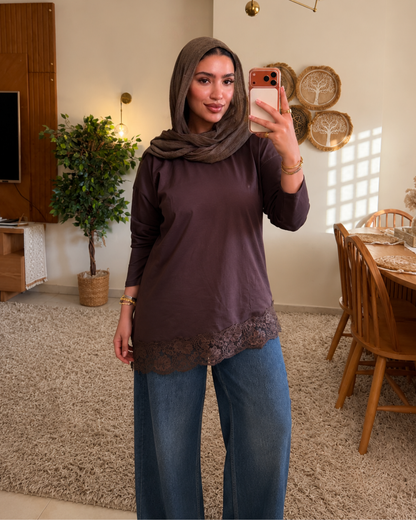 Lace Trim Cotton T-Shirt - BROWN