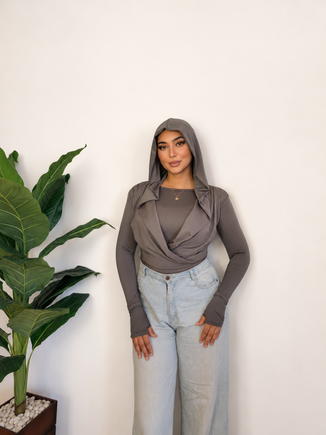 Draped Hooded Top – GRAY