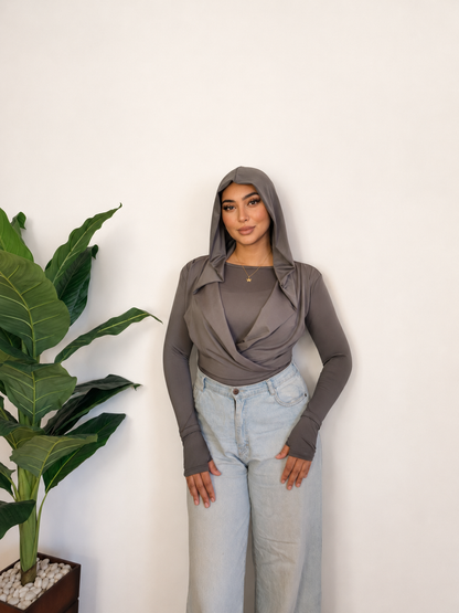 Draped Hooded Top – GRAY