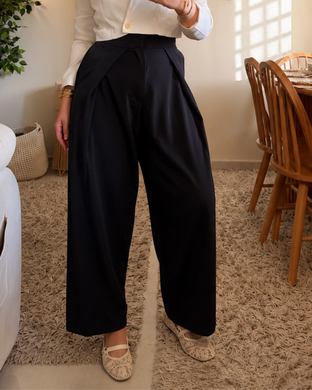Draped Wide-Leg Pants - BLACK