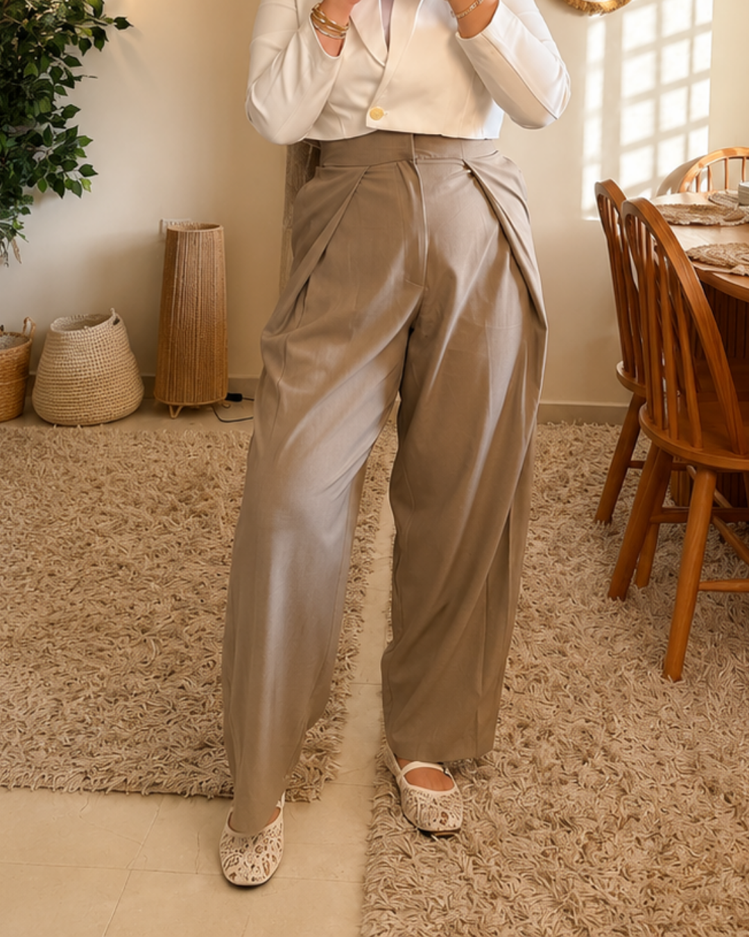 Draped Wide-Leg Pants - Stone Beige