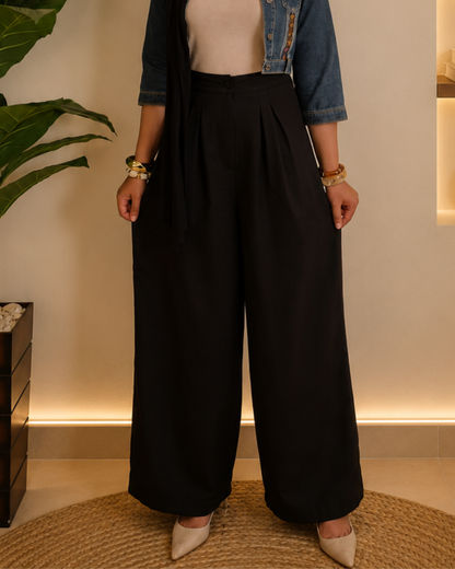 French Linen Wide-Leg Pants – BLACK