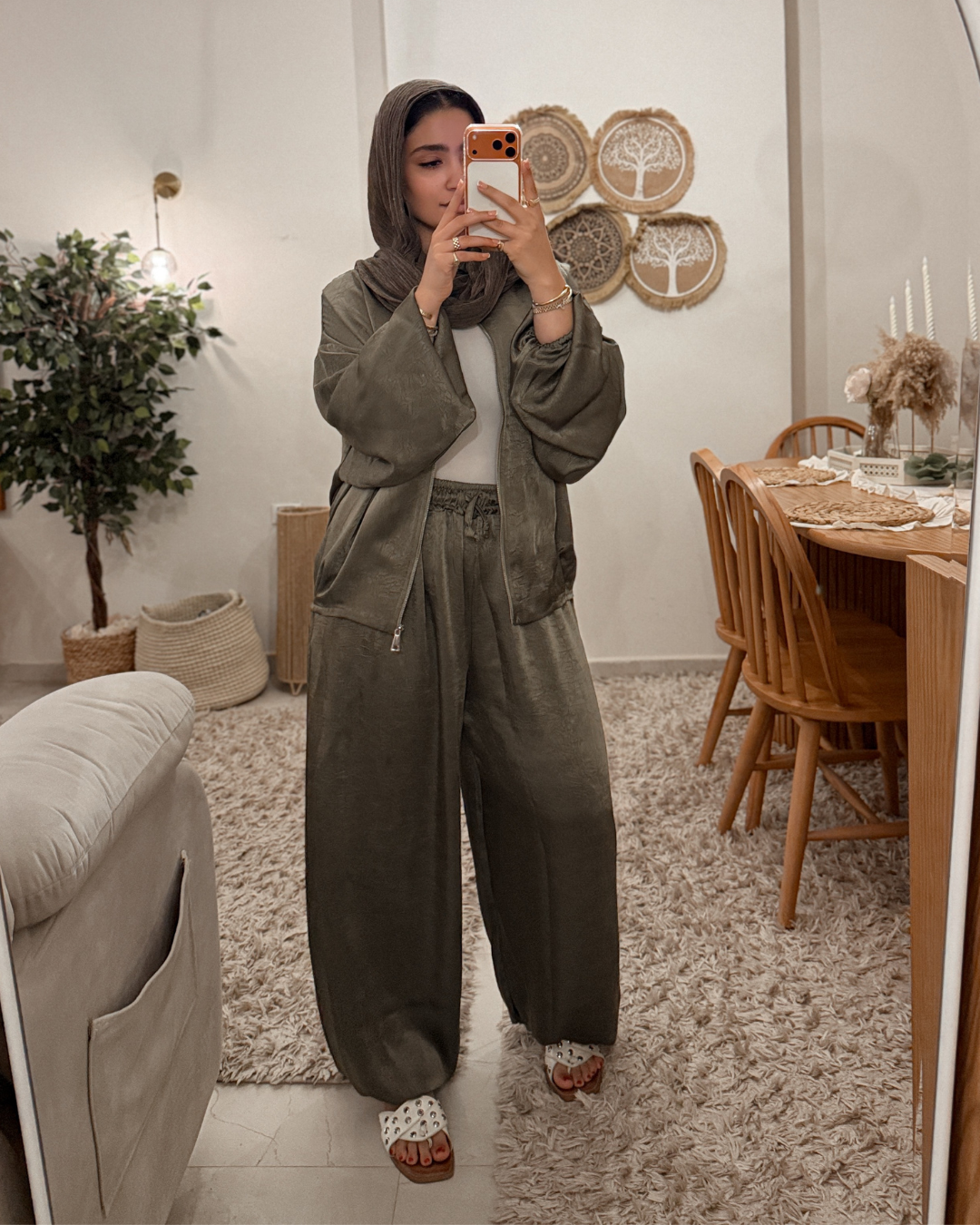 Satin Lounge Set - Olive Green