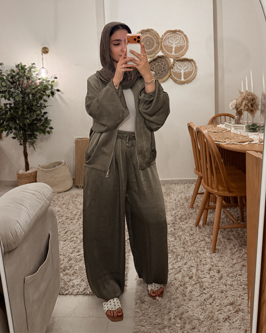 Satin Lounge Set - Olive Green