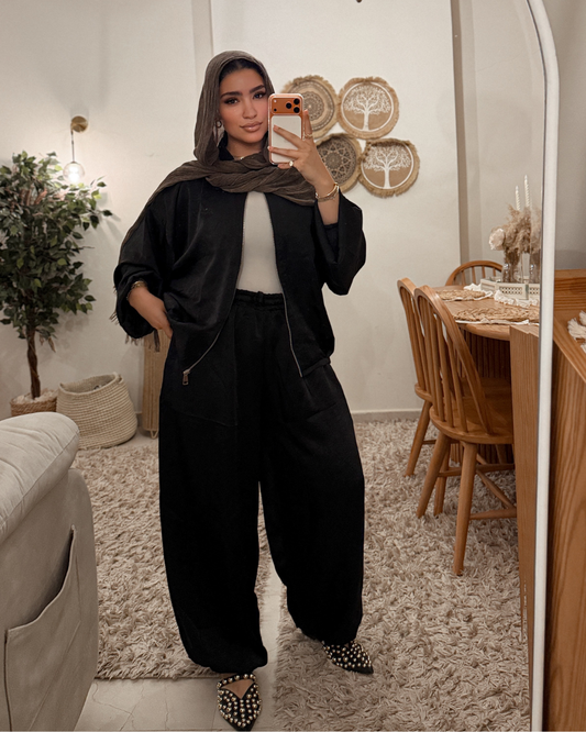 Satin Lounge Set - BLACK