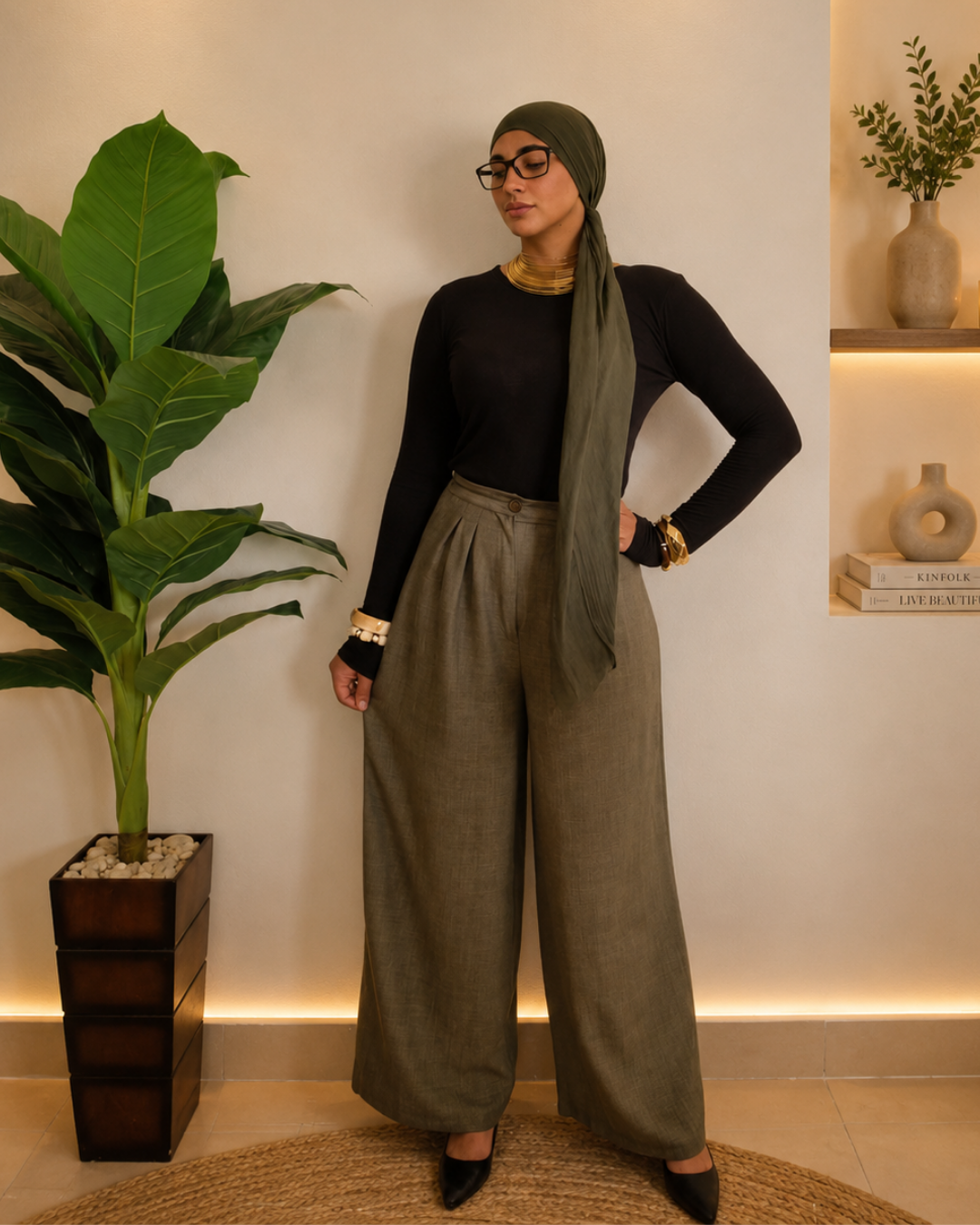 French Linen Wide-Leg Pants – Olive Green