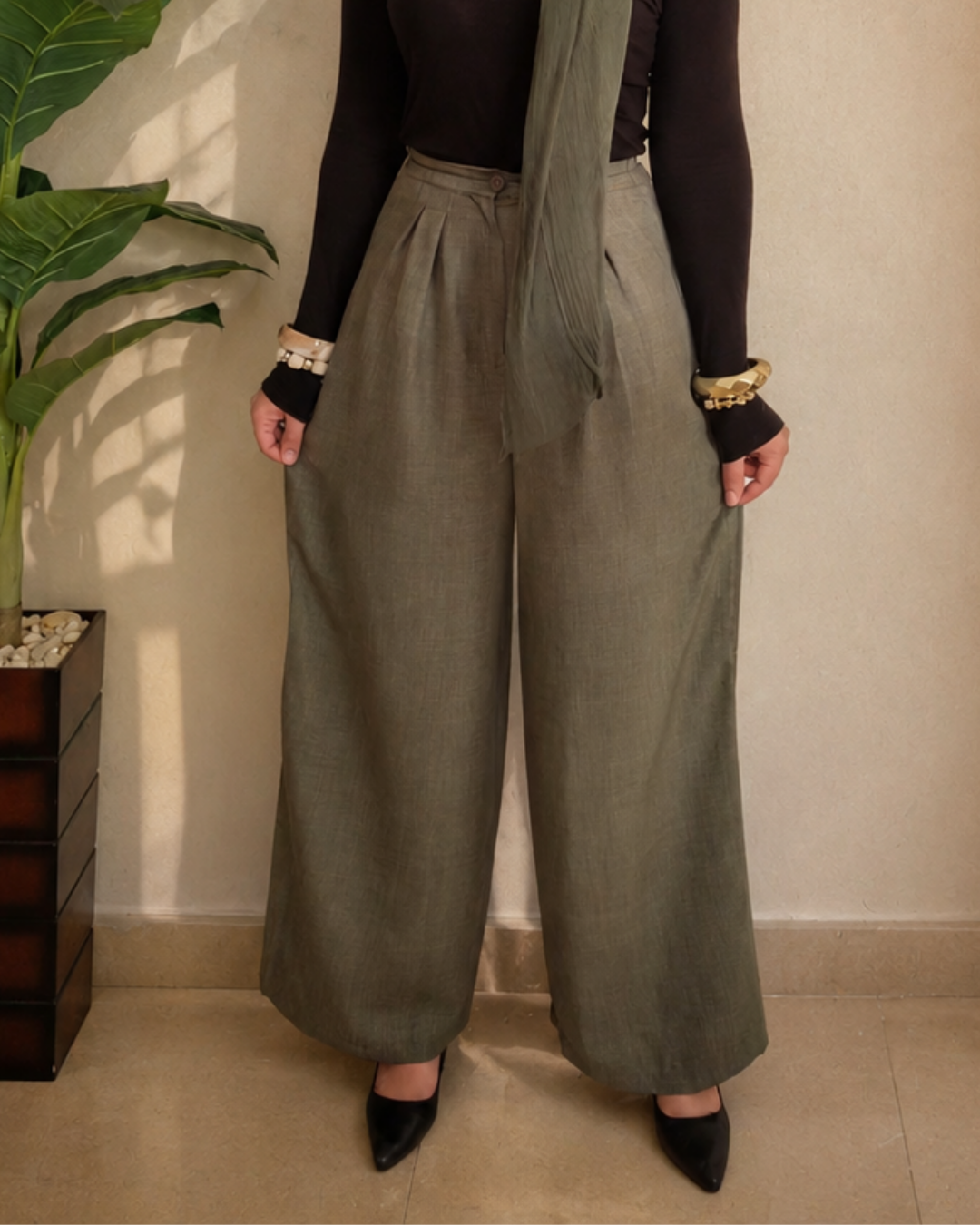 French Linen Wide-Leg Pants – Olive Green