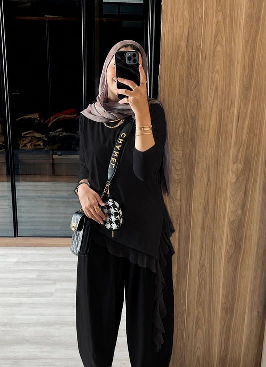Ruffle LACE Cotton Top - Black