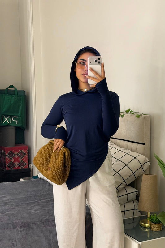 Soft Lycra Hooded Top - NAVY BLUE