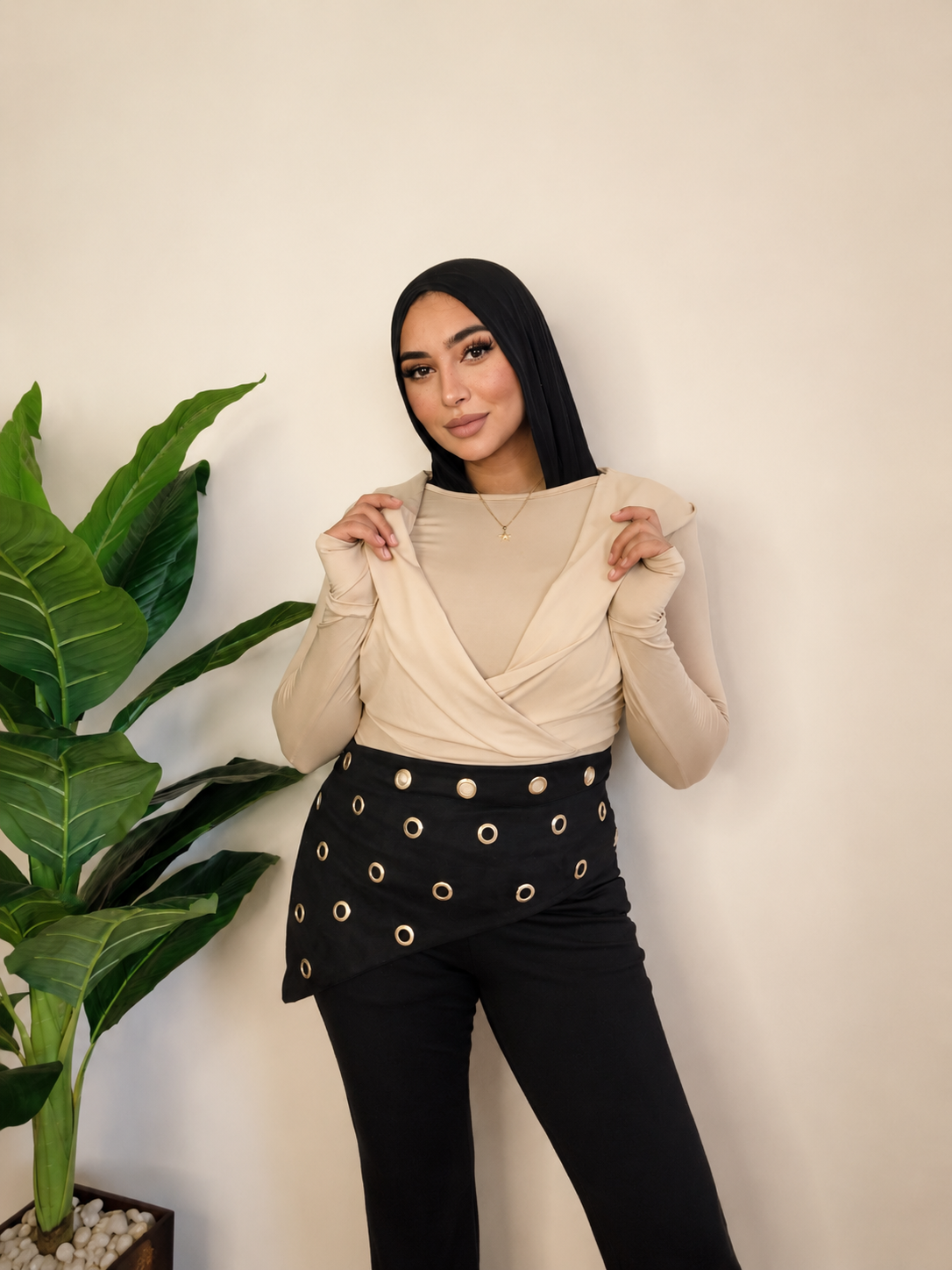 Draped Hooded Top – BIEGE
