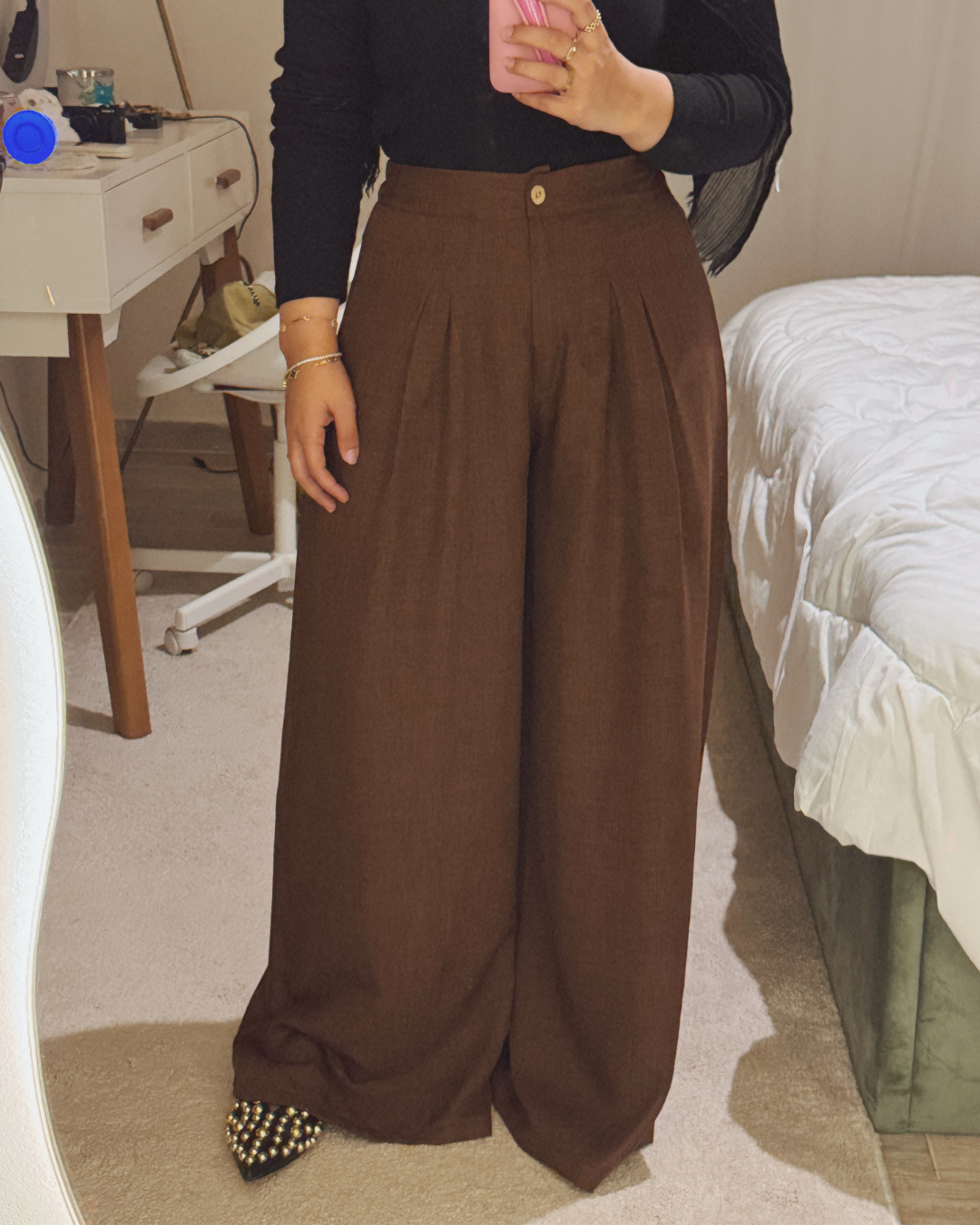 French Linen Wide-Leg Pants – BROWN