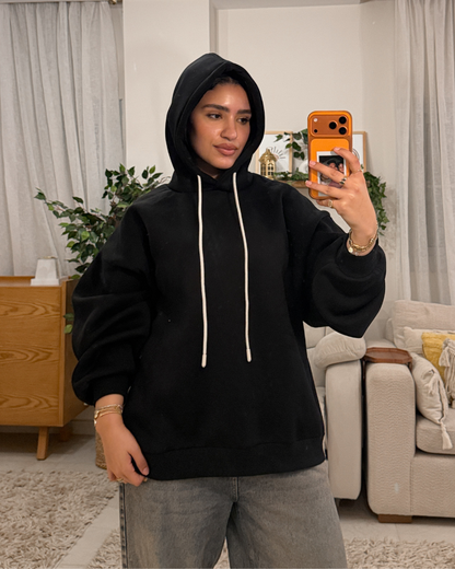 Oversized Fleece-Lined Hoodie – BLACK
