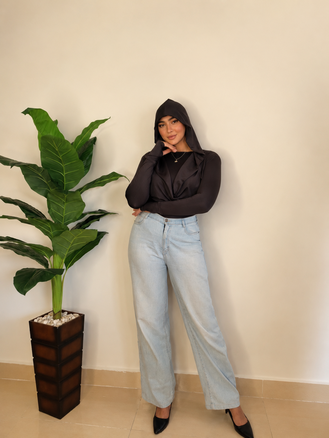 Draped Hooded Top – black