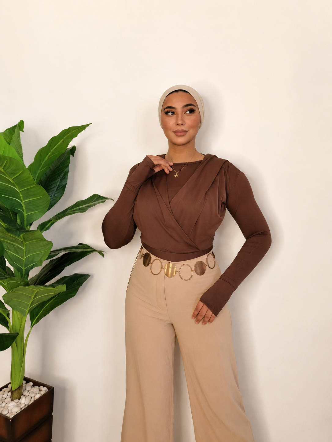 Draped Hooded Top – BROWN