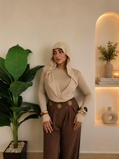 Draped Hooded Top – BIEGE