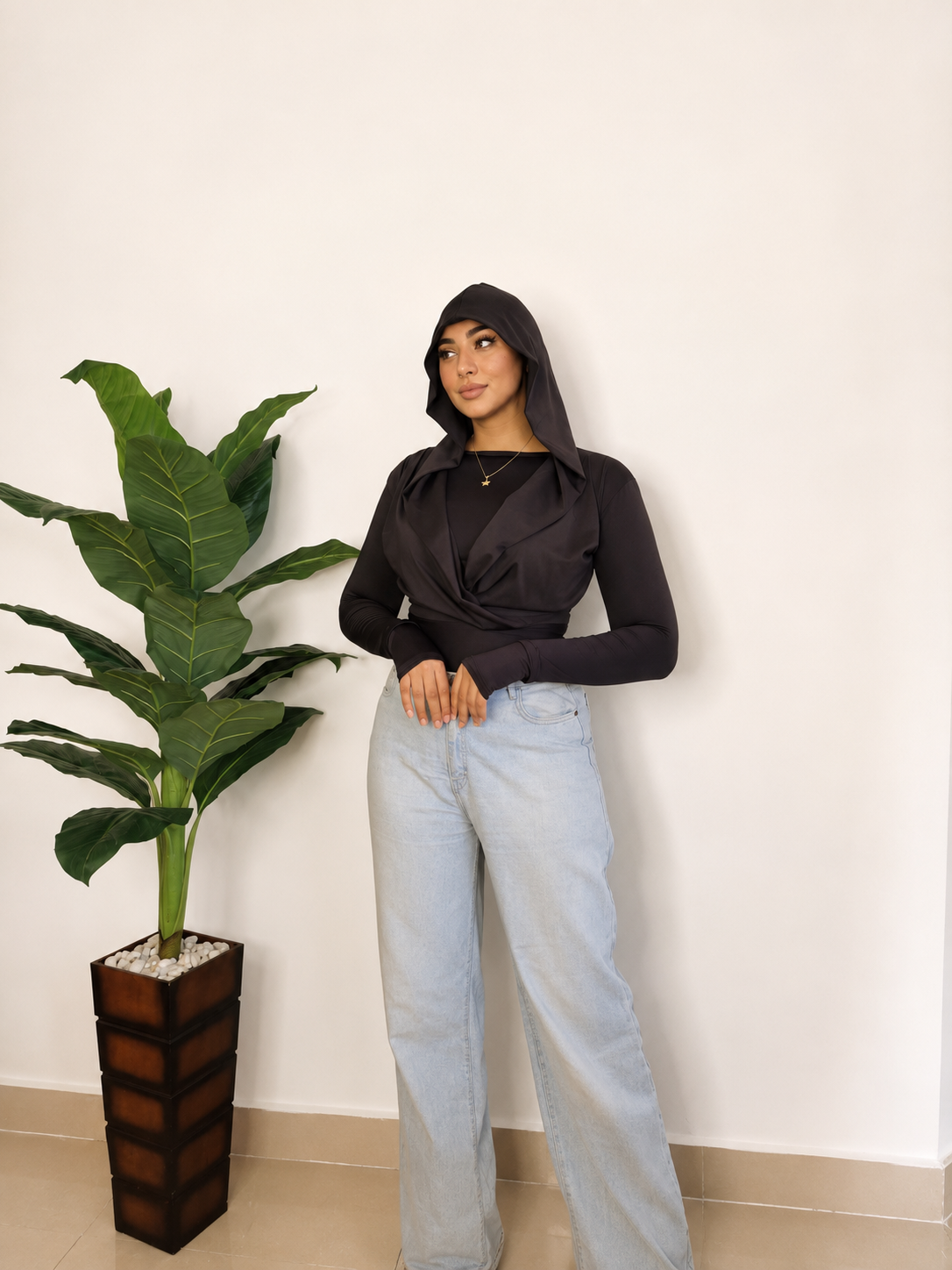 Draped Hooded Top – black