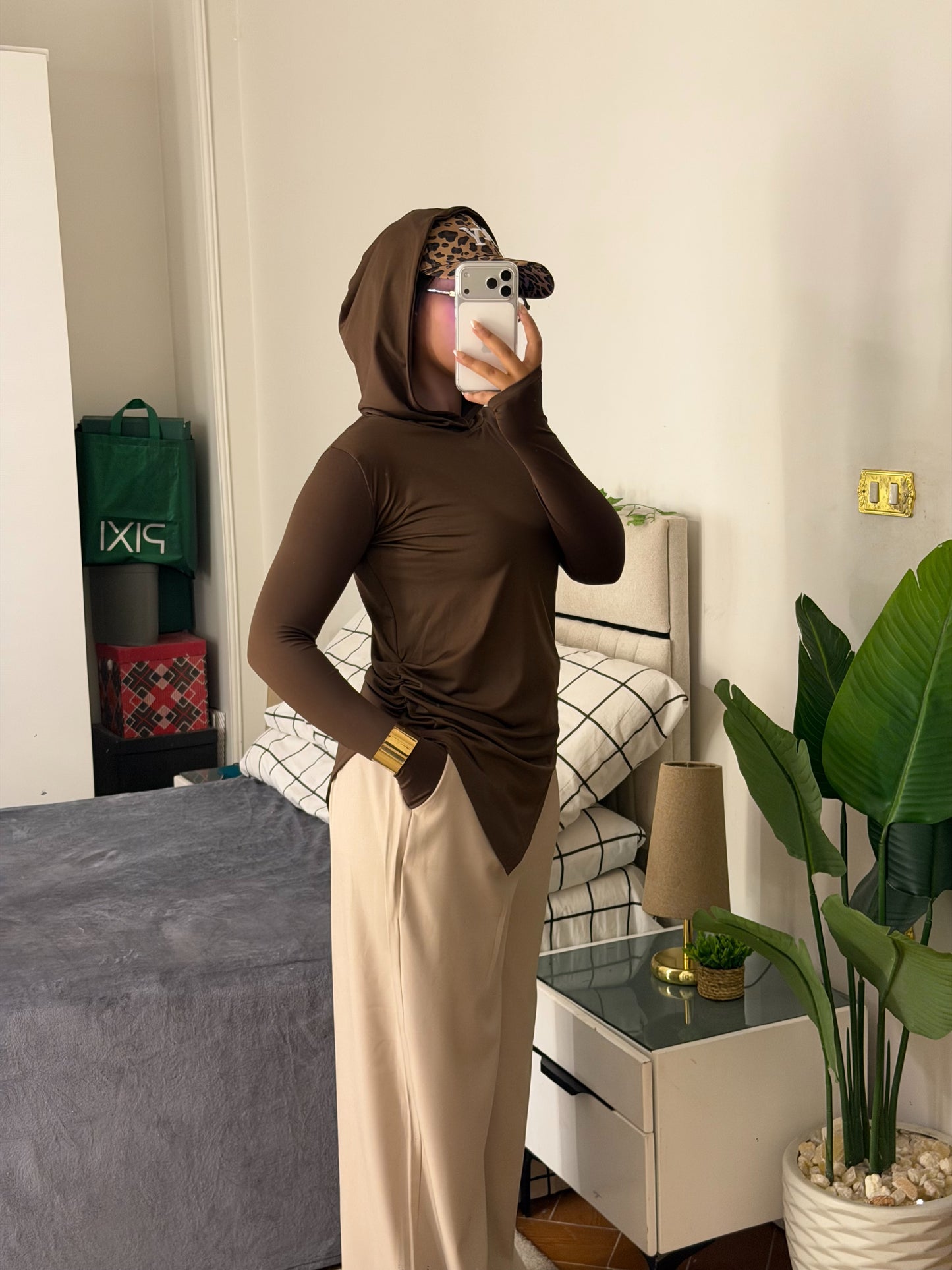 Soft Lycra Hooded Top - BROWN