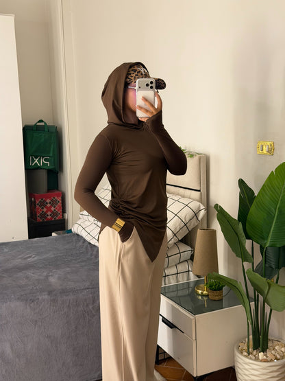 Soft Lycra Hooded Top - BROWN