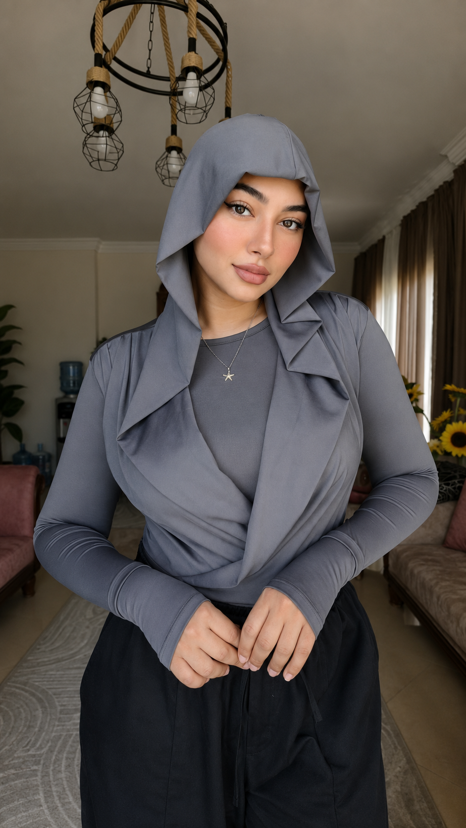 Draped Hooded Top – GRAY