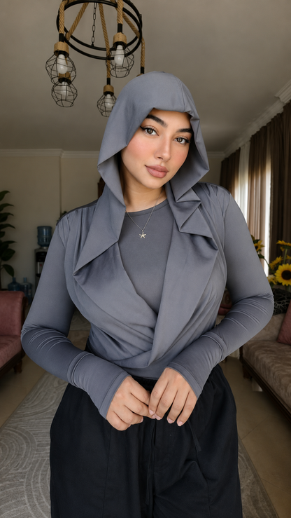 Draped Hooded Top – GRAY
