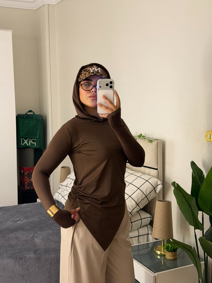 Soft Lycra Hooded Top - BROWN