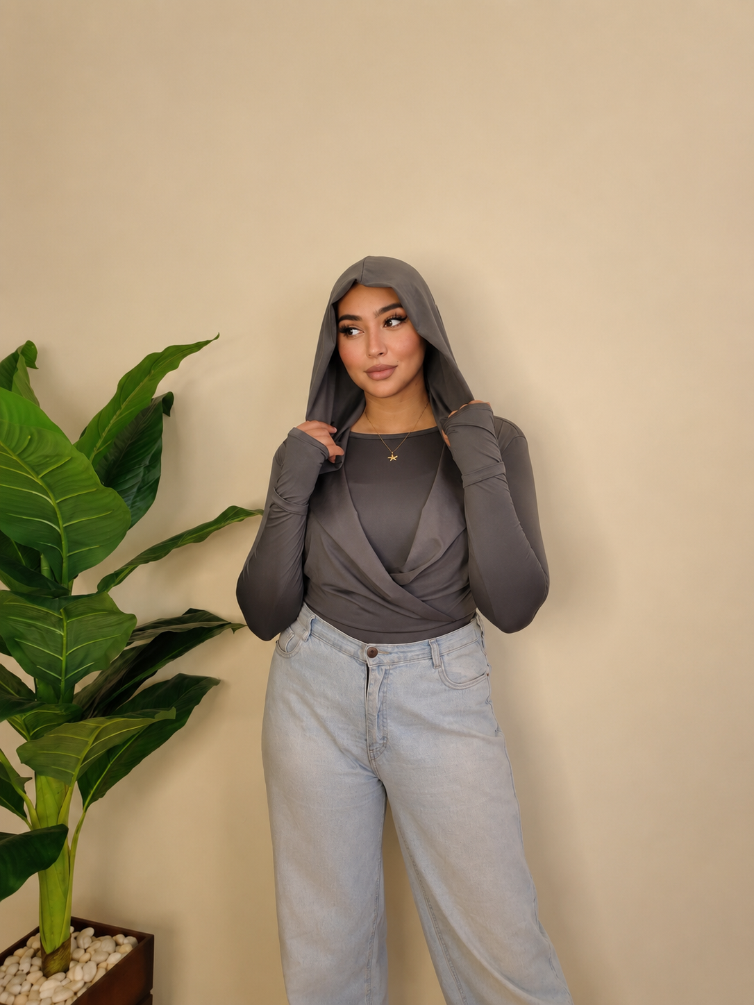 Draped Hooded Top – GRAY