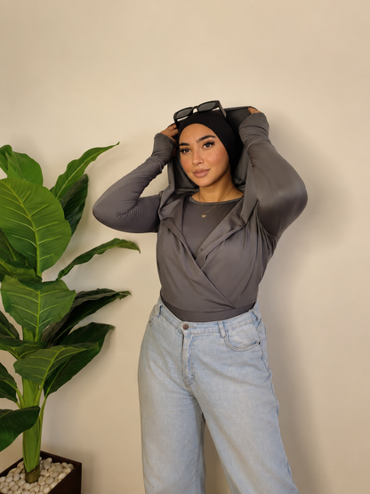 Draped Hooded Top – GRAY