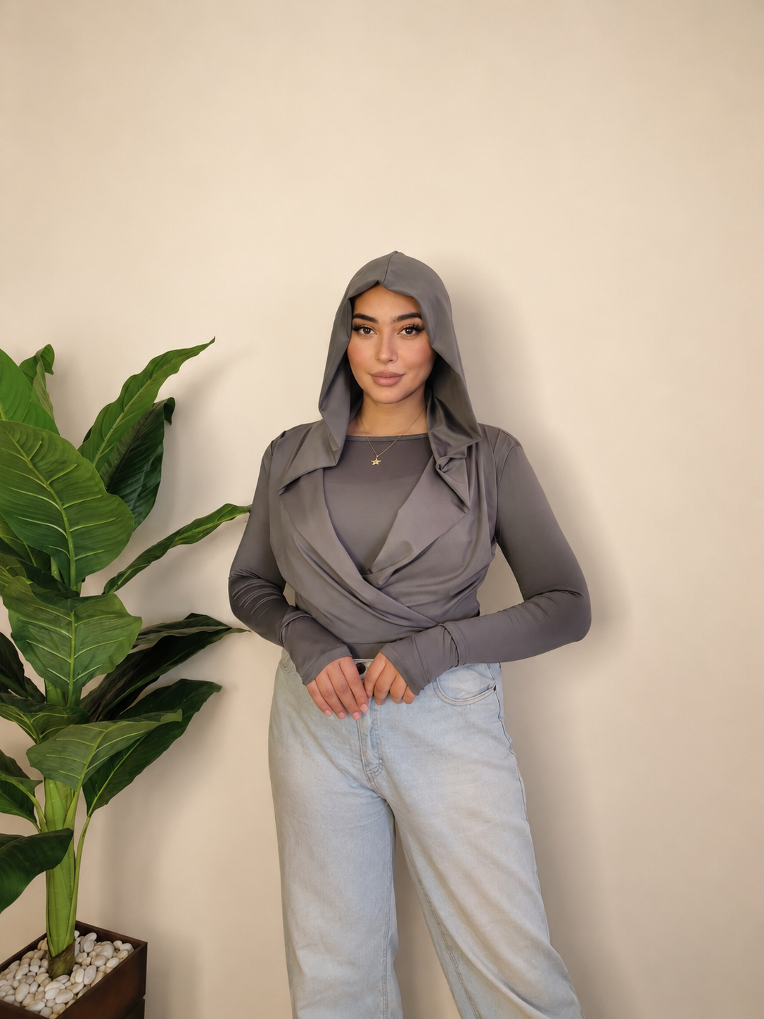 Draped Hooded Top – GRAY