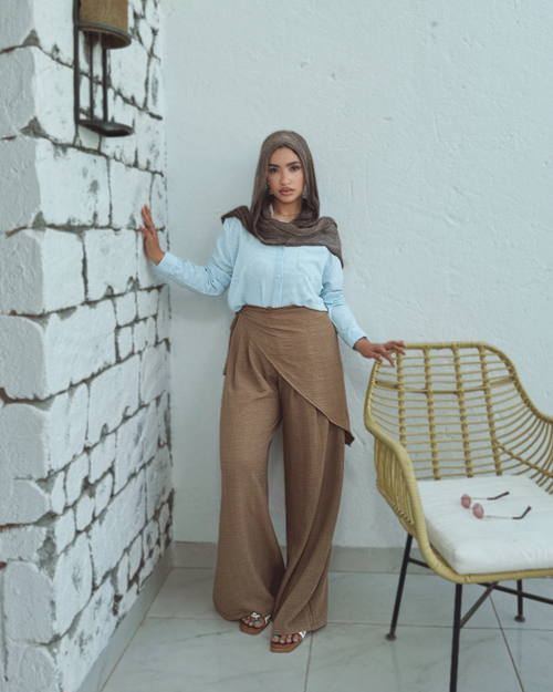 بنطلون كتان فرنسي بحرملة بني فاتح